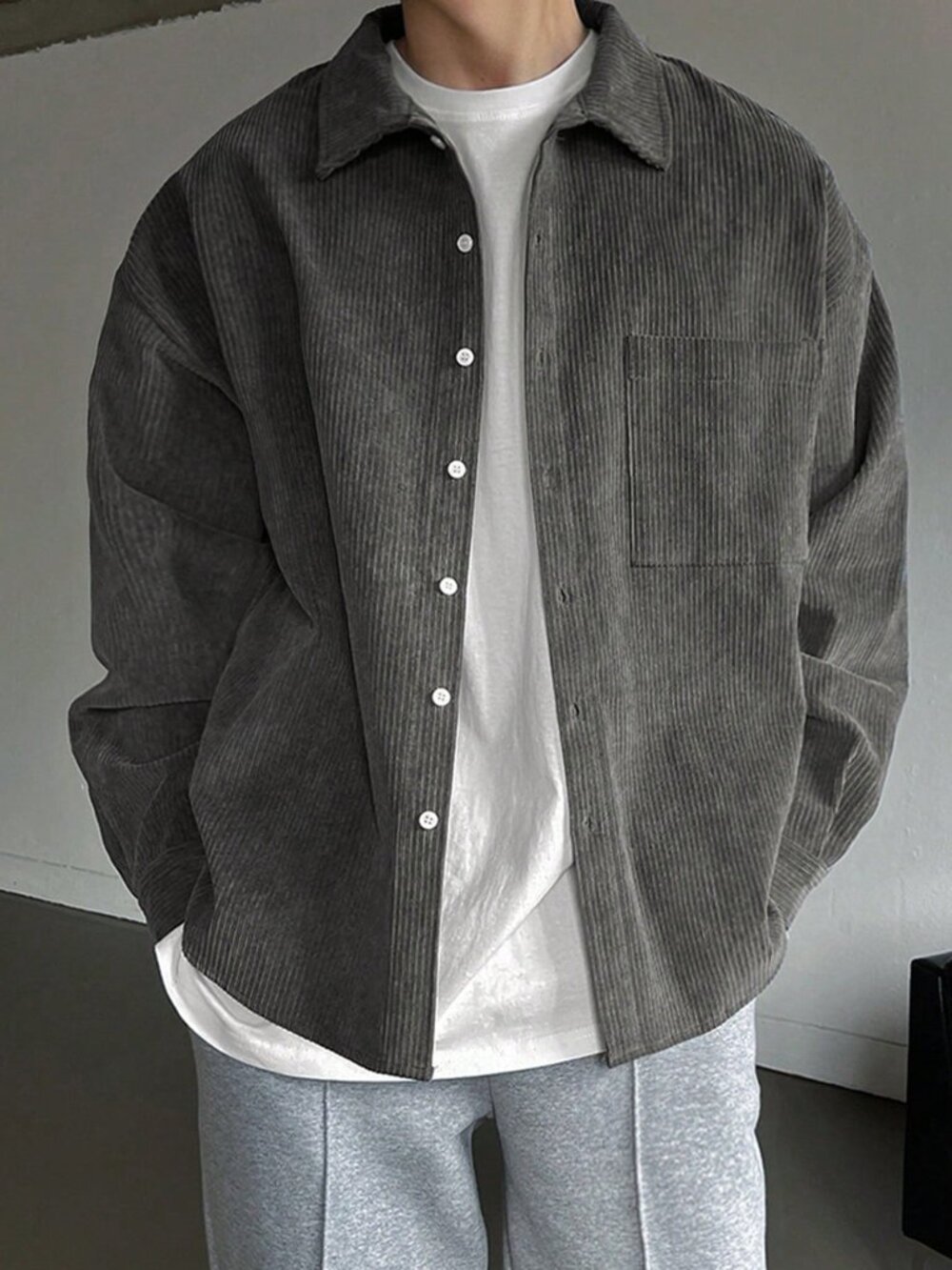 Dark Grey Casual Men's Single Breasted Drop Shoulder Loose Plain Shirt